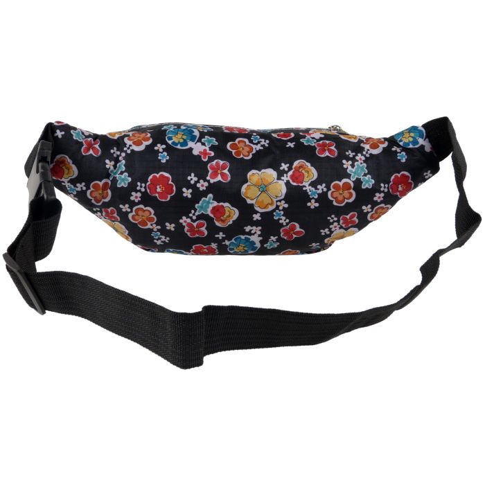 Funky Black Floral Nylon Bum Bag Fanny Pack Rainbow Zips Travel Holiday Security