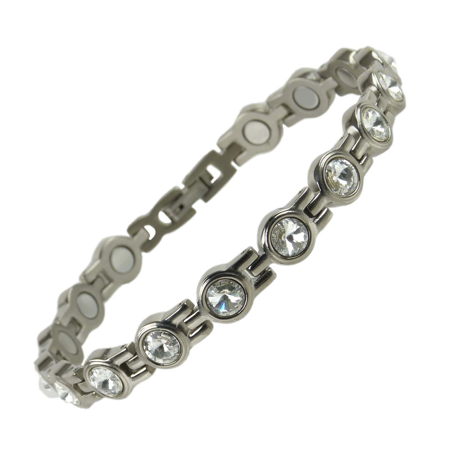 Ladies Titanium Magnetic Bracelet with Chrome & Clear Crystals Finish